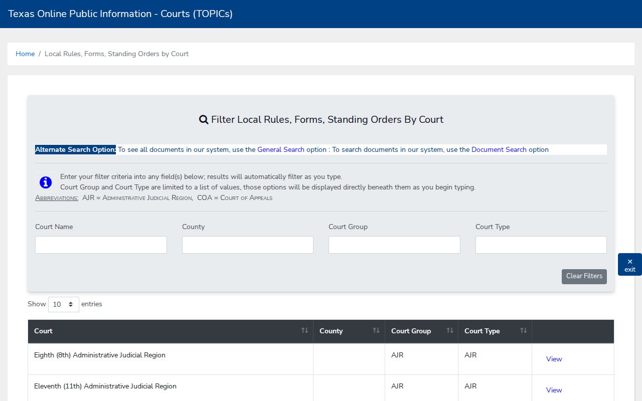Dimmit County civil court docket local rules and forms search controls