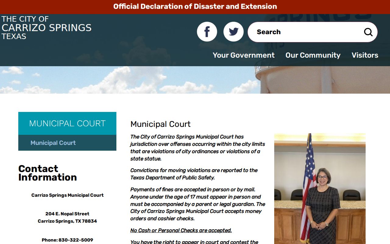 Carrizo Springs Municipal Court page for Dimmit County city settings