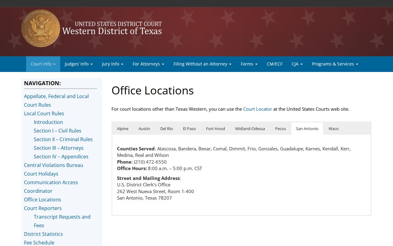 Western District of Texas federal clerk locations for Dimmit County cases